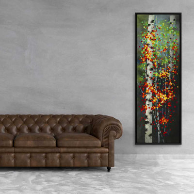 Dotted Leaves Birches - Green Framed Canvas Decor