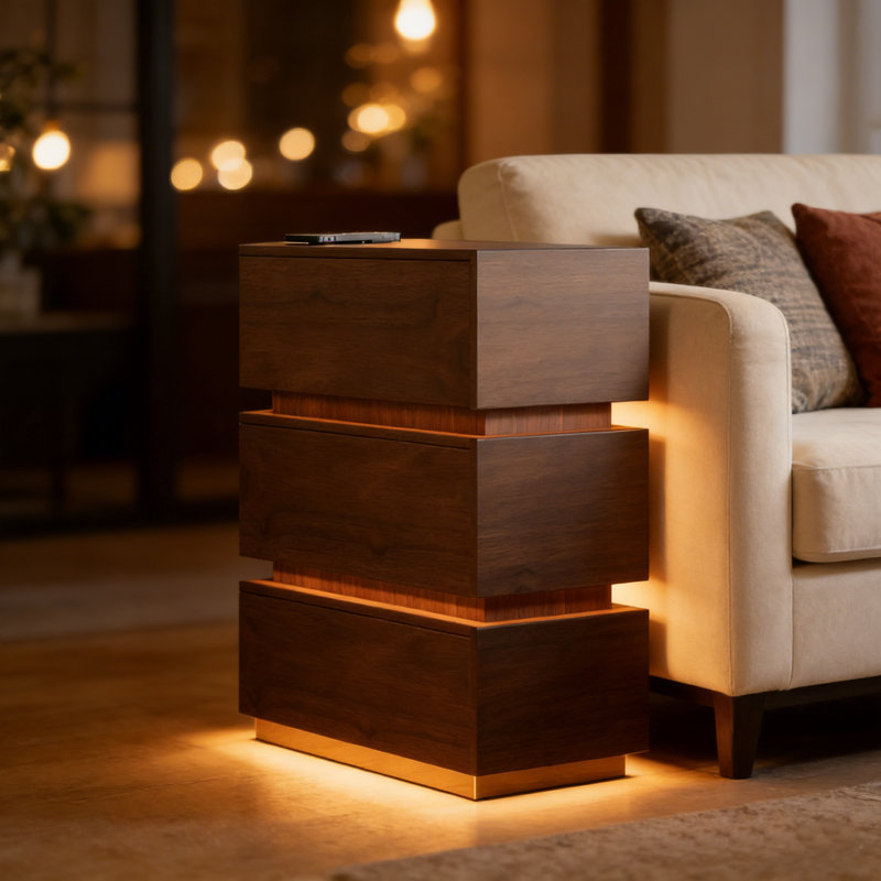 3-Drawer LED Smart Nightstand with Light, Walnut Brown