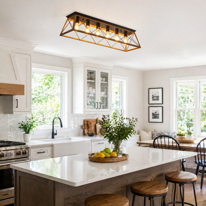 Farmhouse 6-Light Metal Rectangular Flush Mount Ceiling Light, Matte Black/Light Walnut, 6 Lights, 8.7" H x 38" W x 10.2" D