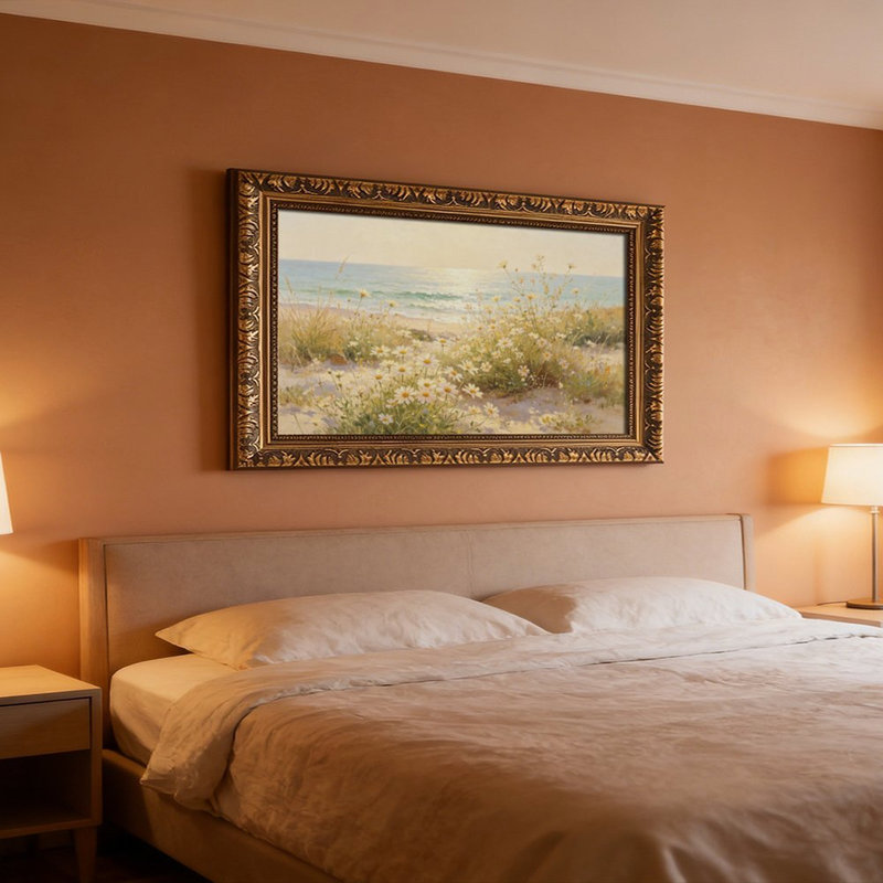 Cadre mural vintage orné « Marguerites en bord de mer » – Cadre décoratif doré pour œuvres d'art., L 24 po x l 36 po