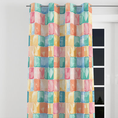 French Country Blackout Curtains - Patchwork Yellow And Blue Pastel Bubble Tiles Grommet Curtain - 1 Panel