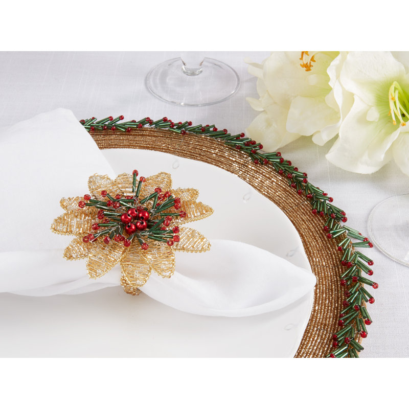Gold Beaded Flower Design Napkin Rings, Set of 4