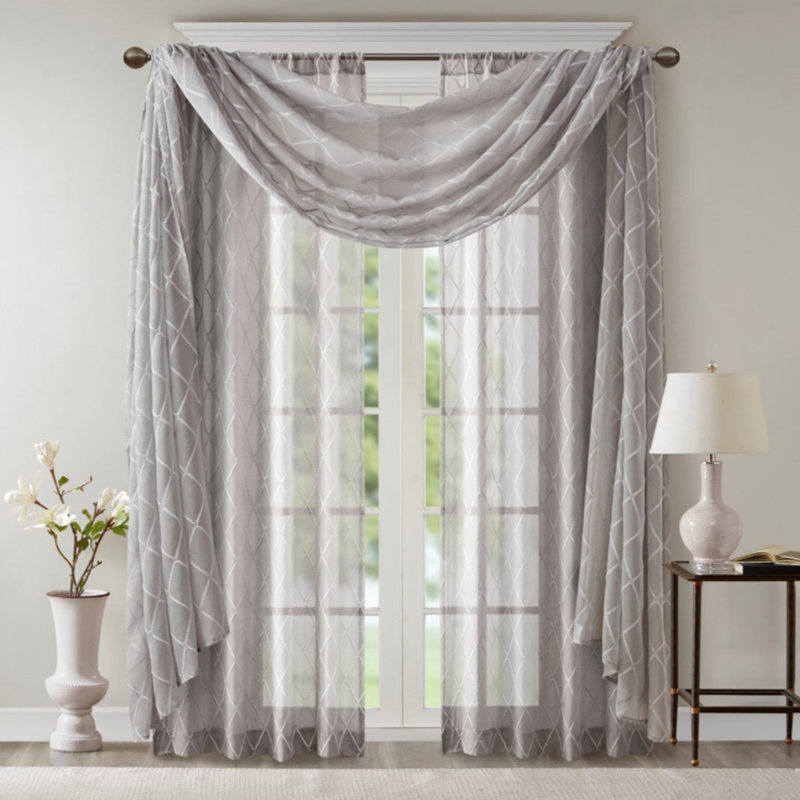 Écharpe de fenêtre transparente brodée diamant, Gris, L 50 po x L 144 po