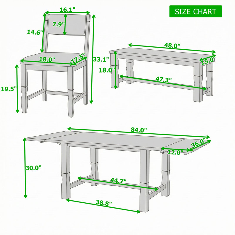 Ensemble de salle à manger extensible 6 pièces avec table rectangulaire, 2 rallonges amovibles, 4 chaises rembourrées et banc