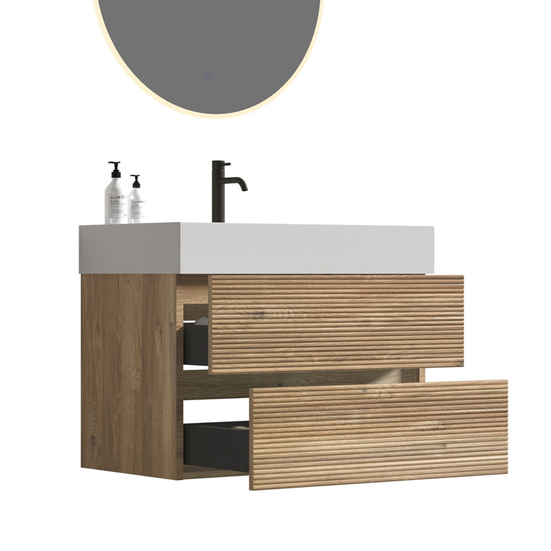 Meuble-lavabo mural de style moderne du milieu du siècle, grille en chêne, double tiroir, structure en matériaux de qualité E1, quincaillerie silencieuse, ornementation, choix, mécanisme des tiroirs