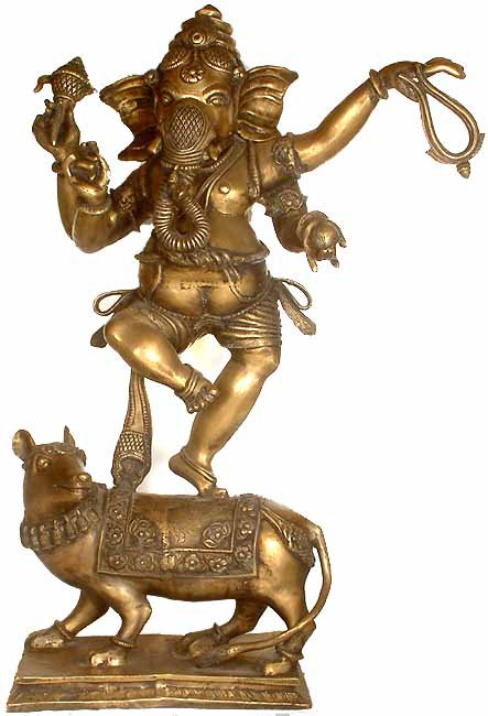 Brass Lord Ganesha Dancing on Rat Statue, 46 in. Large     Hindu Deity Sculpture for Foyer & Meditation Room Decor
