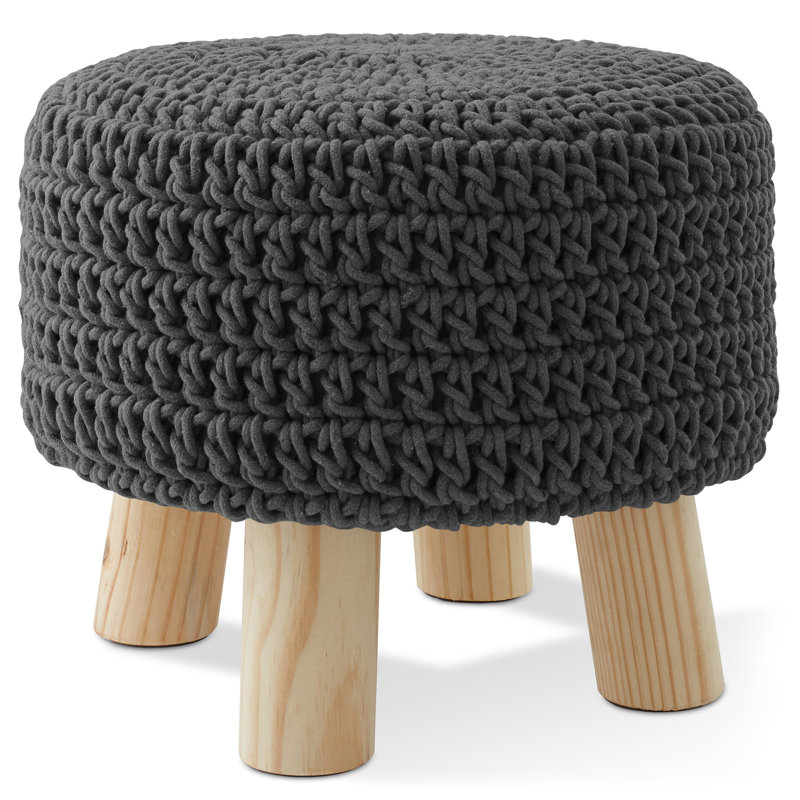 Cotton Pouf Ottoman Footstool 13 Round x 11H, Boho Accent Footrest, Gray, Clear