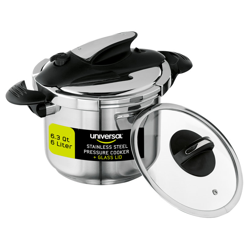 Autocuiseur universel en acier inoxydable de 6,3 pintes / 6 litres + couvercle en verre supplémentaire, compatible avec l'induction, autocuiseur et marmite polyvalente, 7 portions