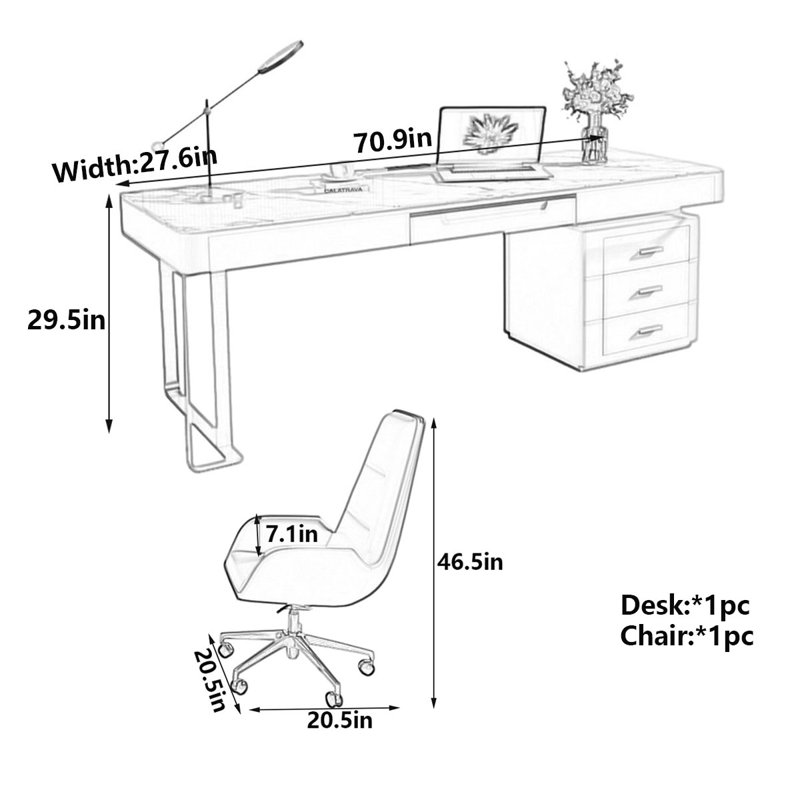 Bureau Modern, H 29,5 po x l 70,9 po x P 27,6 po