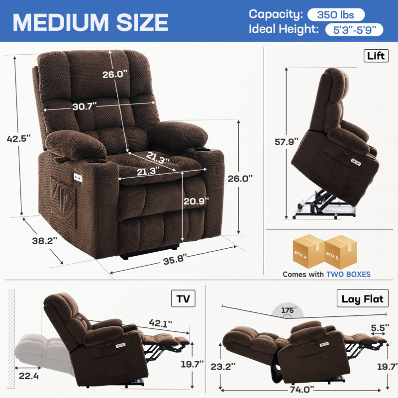 Dual Motor Power Lift Chair Recliner for Elderly with Massage and Heat, Infinite Position Electric Lift Recliner with Adjustable Headrest, USB (T6015 - Plush Fabric, Dark Brown, Medium)