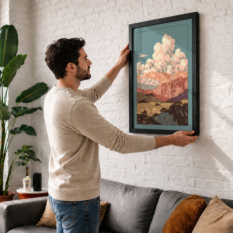 Mountains at Sunrise Rustic - Framed Print, A2 - 59.4 x 42.0 cm, White
