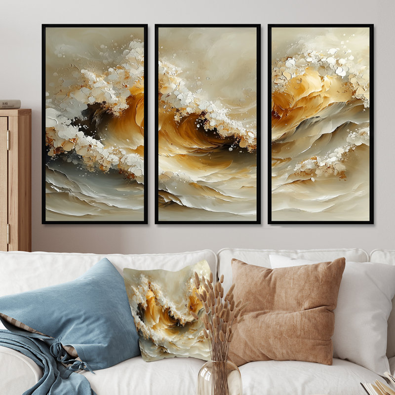 Gris et blanc, vagues océaniques en spirale III - art mural sur toile transitionnel - 3 panneaux, Noir, H 32 po x l 48 po