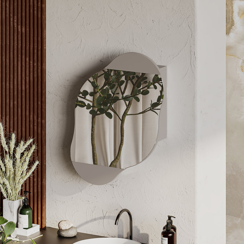 Burko Wavy Wall Mirror with Hidden Storage Shelves, Light Mocha