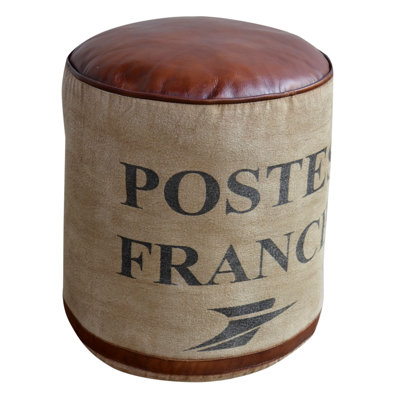 Round Canvas Pouf Post Topped With Brown Leather Seat