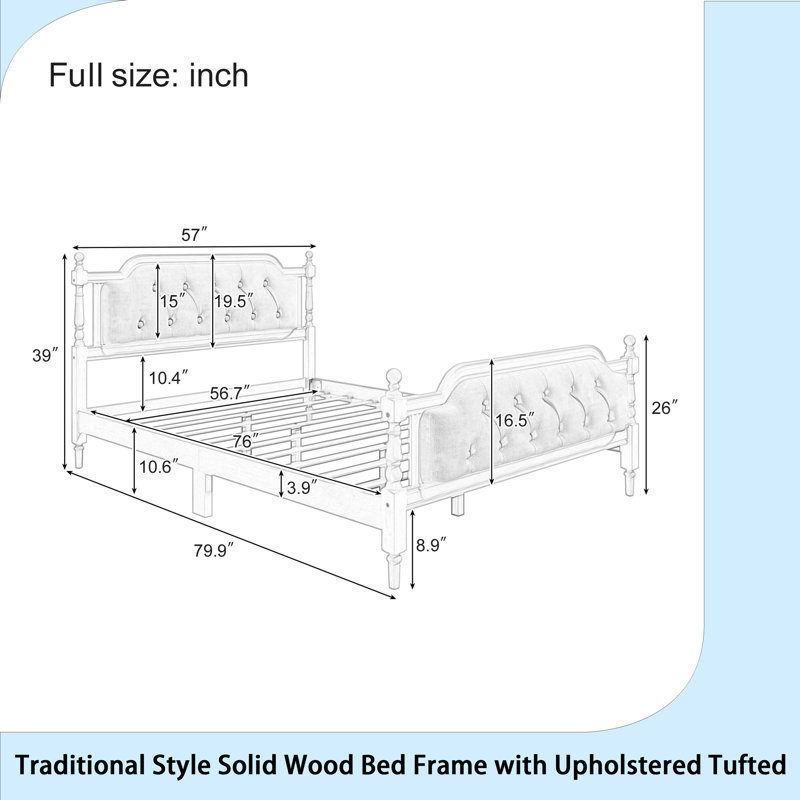 Structure de lit en bois massif de style traditionnel avec tête de lit capitonnée et aucun sommier tapissier requis, Double
