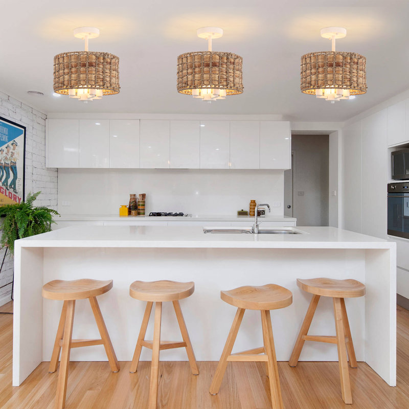 4 - Light 12 inch Boho Rattan Chandelier, Dimmable Drum Natural Rattan Seagrass Semi Flush Mount Ceiling Light Fixtures With E12 Base for Dining Room Kitchen Island