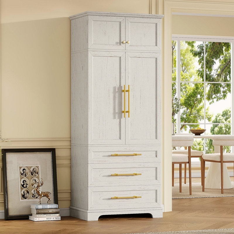 78.2" Tall Farmhouse Kitchen Pantry Cabinet With 8 Door Shelves, Storage Cabinet With 3 Adjustable Shelves, 3 Large Drawers, Versatile Cupboard For Kitchen, Dining & Bathroom