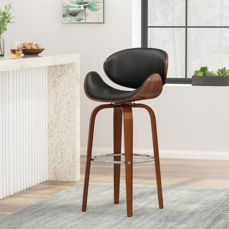 30" Mid-Century Modern Upholstered Swivel Barstool, Black