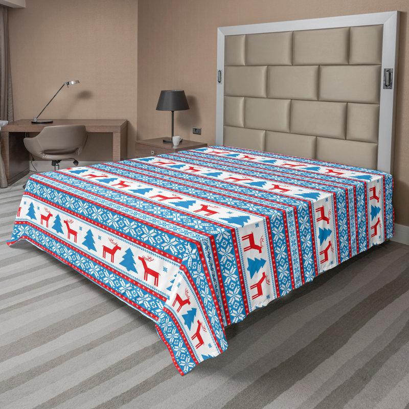 Ambesonne Christmas Top Flat Sheet Folk Knit Style Art Red Blue, California King Flat Sheet