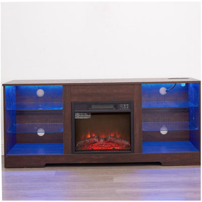TV Stand Electric Fireplace TV Stand with Glass Shelves, 3D Fireplace TV Stand with LED Lights Wood with USB Charging Outlet Modern Television Table Center for TV up to 32-62" ESP 58''W*15.4''D*24.4