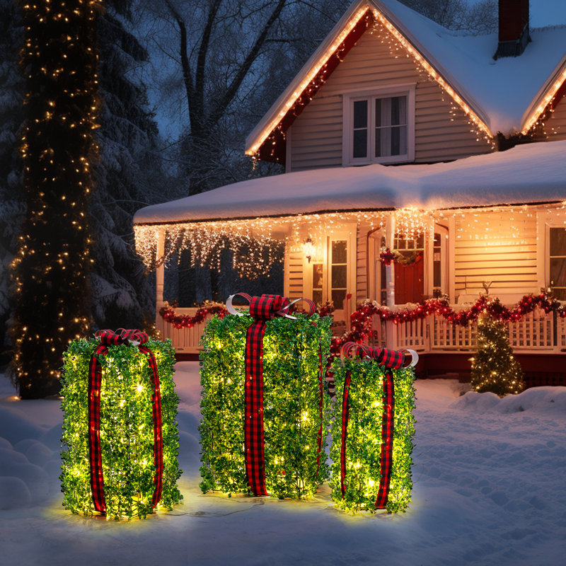 3 boîtes-cadeaux de verdure artificielle éclairée