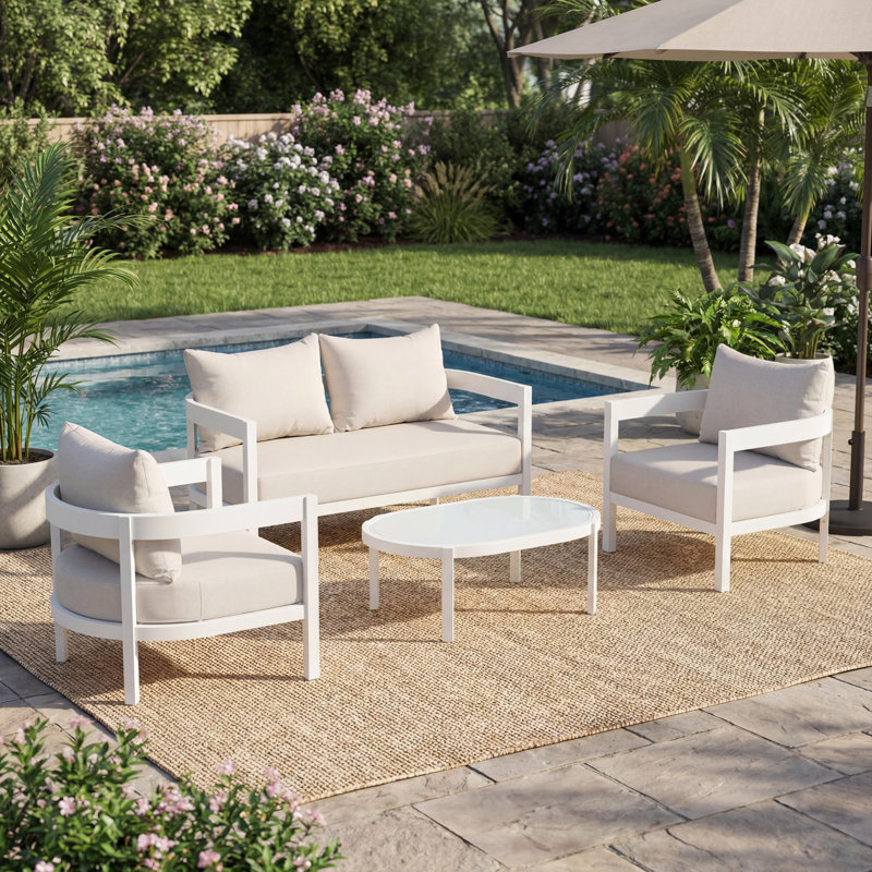 Contour Outdoor 4-Piece Aluminum Conversation Set With Tempered Glass Top & Cushions,  4 Pcs: Table, Loveseat, 2 Chairs