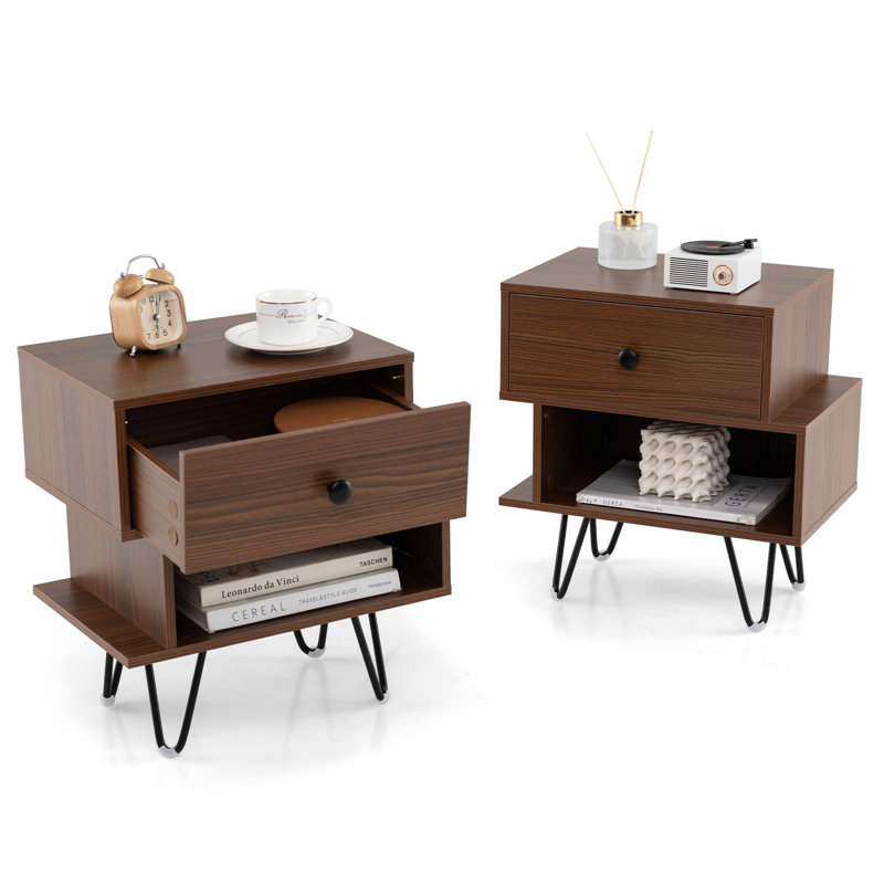 Nightstand Set Of 2 Mid Century Modern End Tables With Drawer, Dark Brown