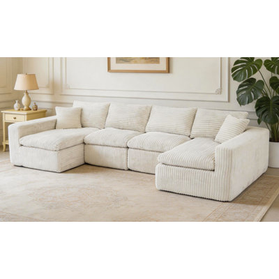Modular Sectional Cloud Couch for Living Room - 130" Modular U Shaped Sectional Couch, No Assembly Compression Sofas, Comfy Floor Sofa with Memory Foam,Beige White