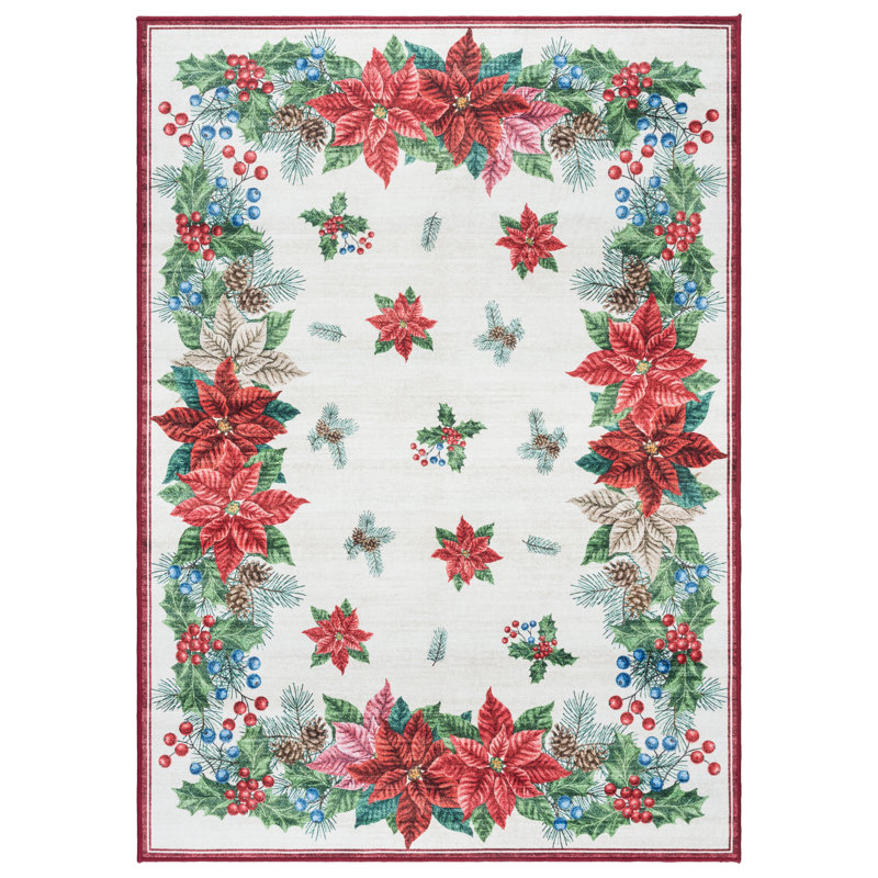  Lilirose Crystal Print Fete Christmas Transitional Floral Poinsettia Polyester Washable Flat Pile Indoor Area Rug
