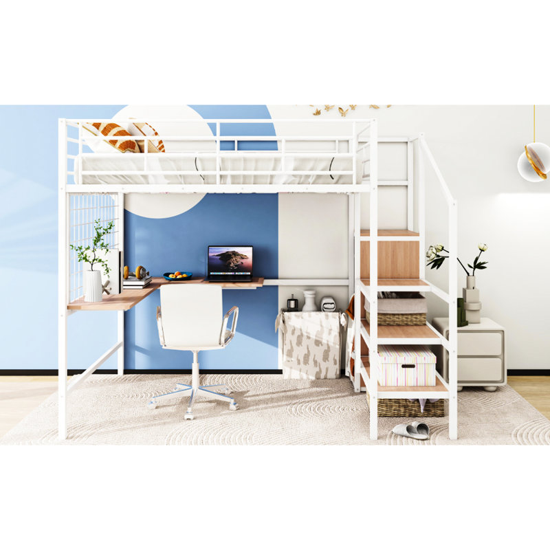 Full Size Metal Loft Bed With Desk & Wardrobe - Elegant Bedroom Fixture In White Grid Feature Element Option, Full, White