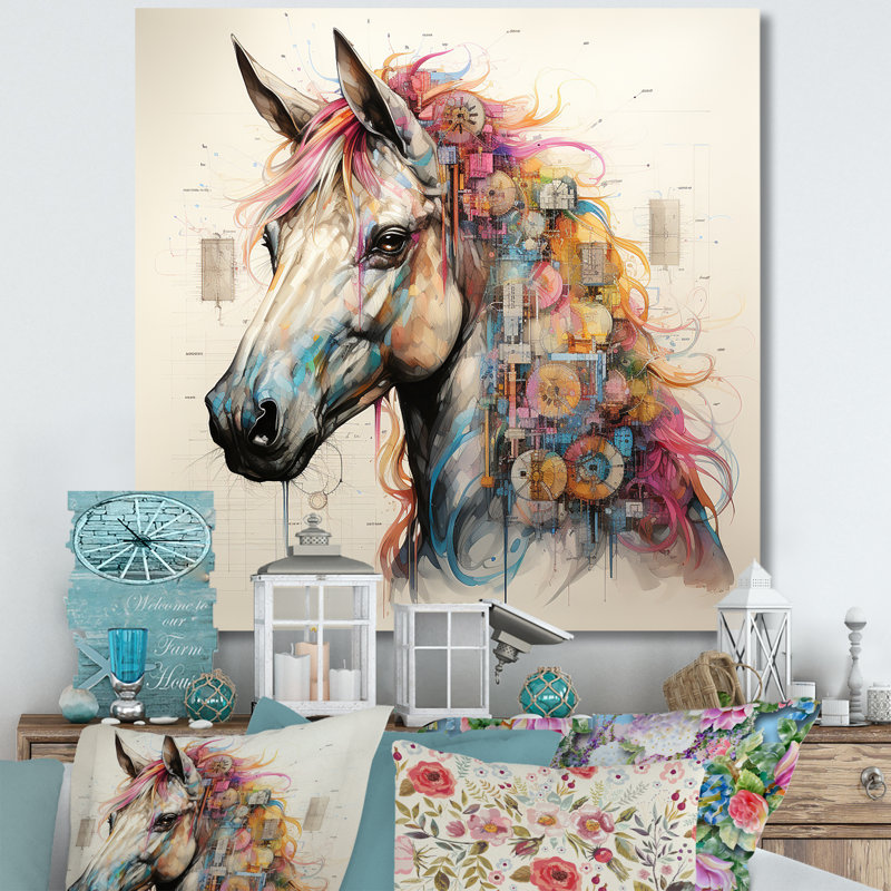 Schéma d'un dessin coloré de licornes sur toile, H 36 po x l 36 po x P 1,5 po, Toile tendue