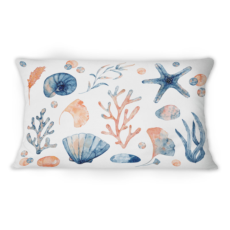 Coussin bleu et rose à motif de coquillages sur fond blanc - 12 po x 20 po