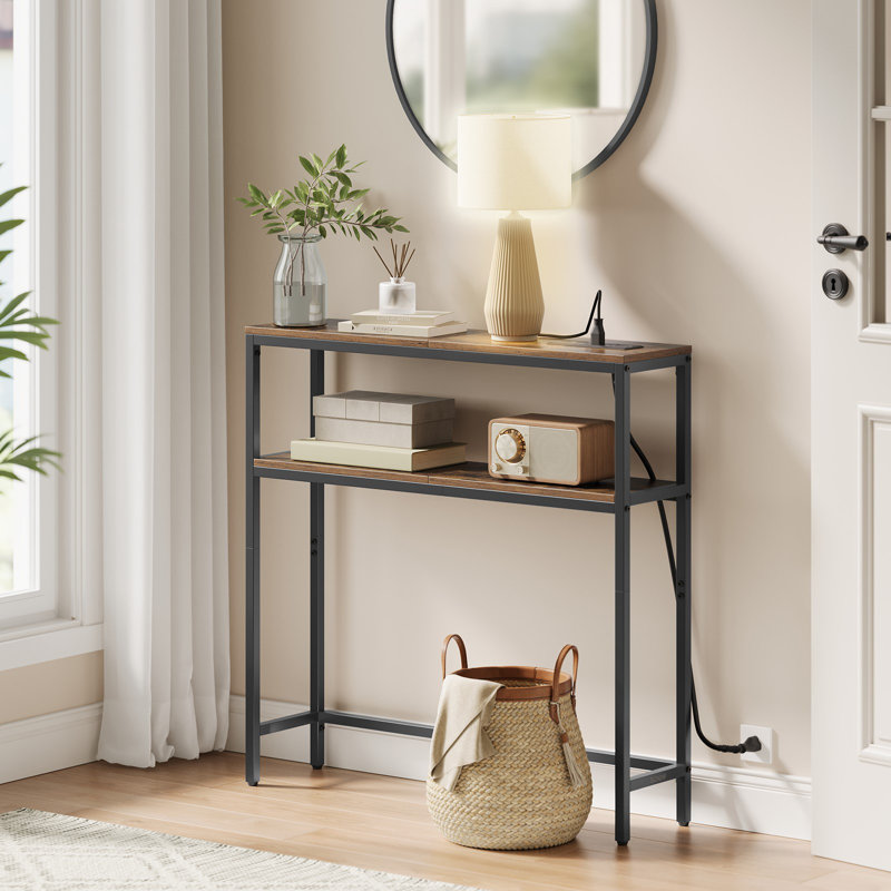 Console Table With Power Outlet, 2-Tier Narrow Sofa Table With 2 Shelves, 7.9 X 31.5 X 31.5 Inches, For Living Room, Hallway, Entryway