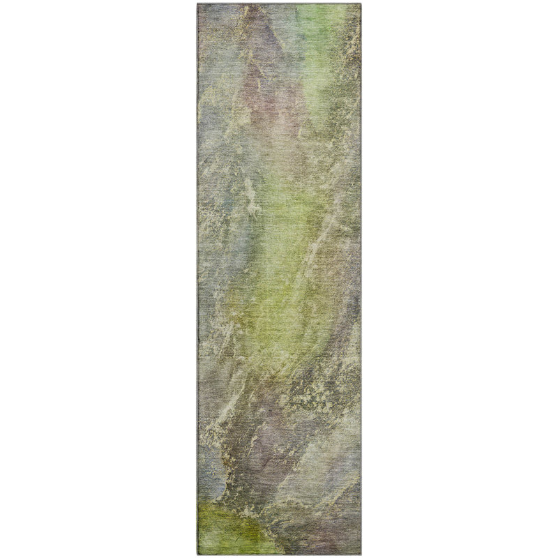 Premium Machine Washable Mayfield AMF2307 Abstract Rug, 2'3" x 7'6" Runner, Green