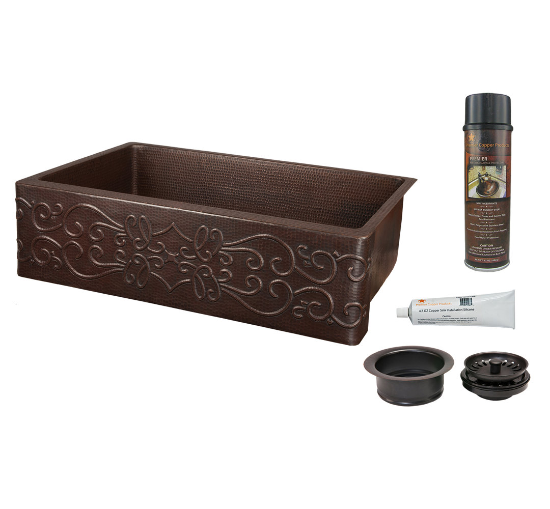 33" Hammered Copper Kitchen Apron Single Basin Sink w/ Scroll Design with Matching Drain and Accessories Premier Copper Products