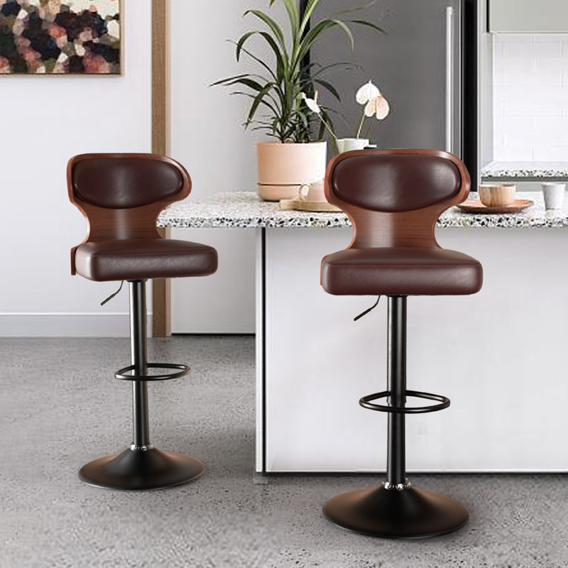 Modern Brown Microsuede Upholstered Metal Frame Swivel and Height Adjustable Bar Stools Set of 2, Brown