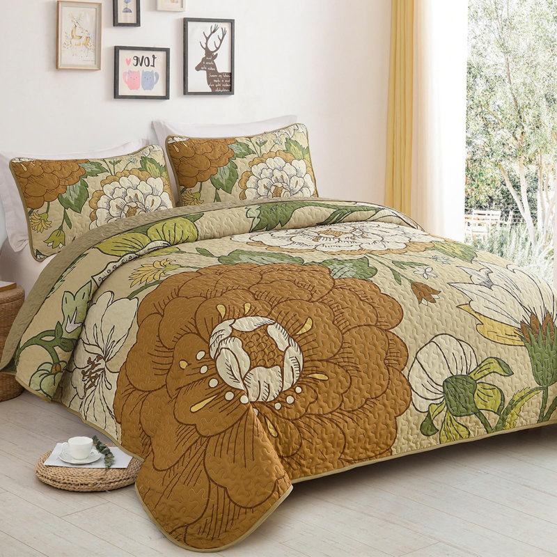 Ensemble de courtepointe 3 pièces Floral Botanical Boho Farmhouse, Kaki, Courtepointe très grand et 2 très grandes taies 