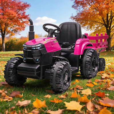 Kids Electric Ride On Tractor, 12V Battery-Powered 4 Wheels Ride On Car with Trailer, 35W Dual Motors/3-Gear-Shift/LED Lights/USB Soft Start, Safety Belt, EVA Tires, Music, Gift