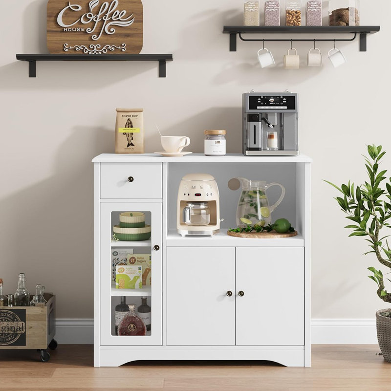 Armoire à micro-ondes - Rangement de cuisine avec 3 portes, 1 tiroir et tablettes réglables, support de micro-ondes buffet pour la cuisine ou la salle à manger, blanc