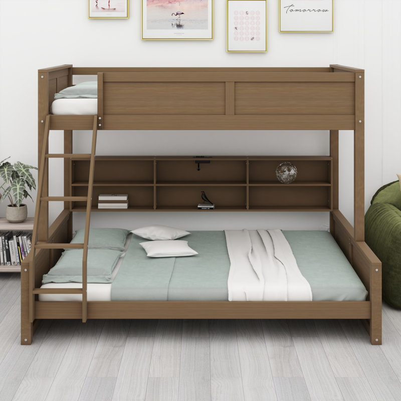 Lit superposé avec armoires de rangement et ports USB, Bois antique, Simple TG sur grand