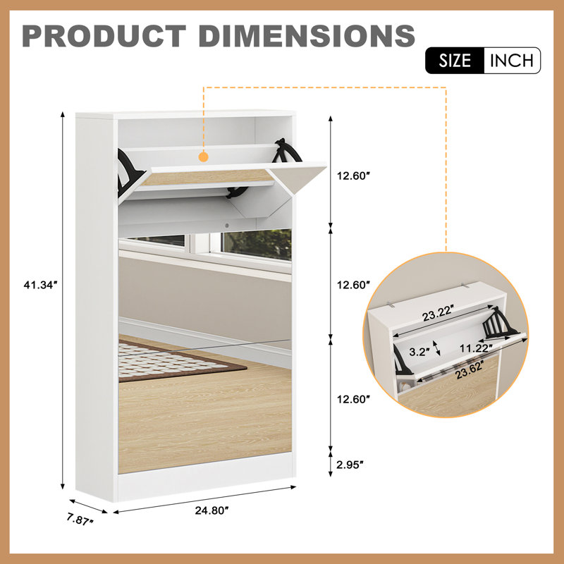 Mirror Shoe Rack Organizer with 3 Flip Drawers