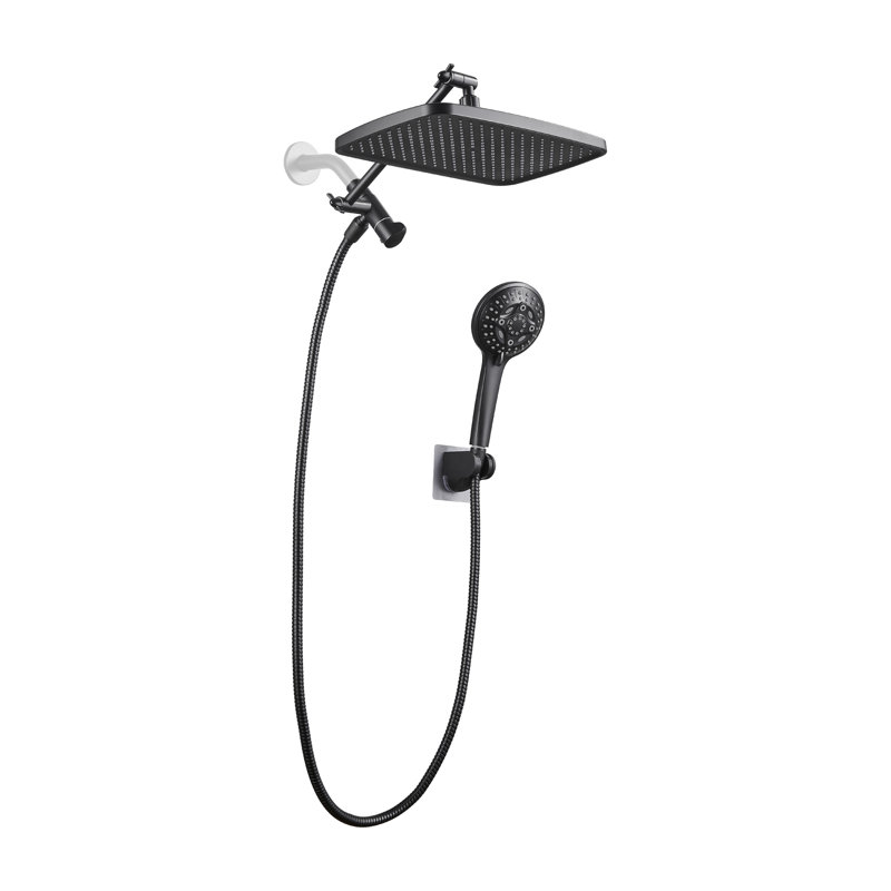 Adjustable 12" Rectangular High Pressure Dual Shower Head with 8-Spray Handheld Shower, Matte Black
