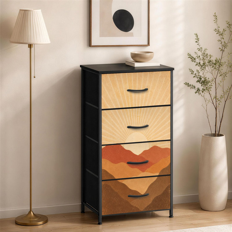 Commode à 4 tiroirs pour chambre à coucher Esthétique contemporaine abstraite paysage coucher de soleil tons de terre Petite commode à vêtements haute pour organisateurs de placard avec commode