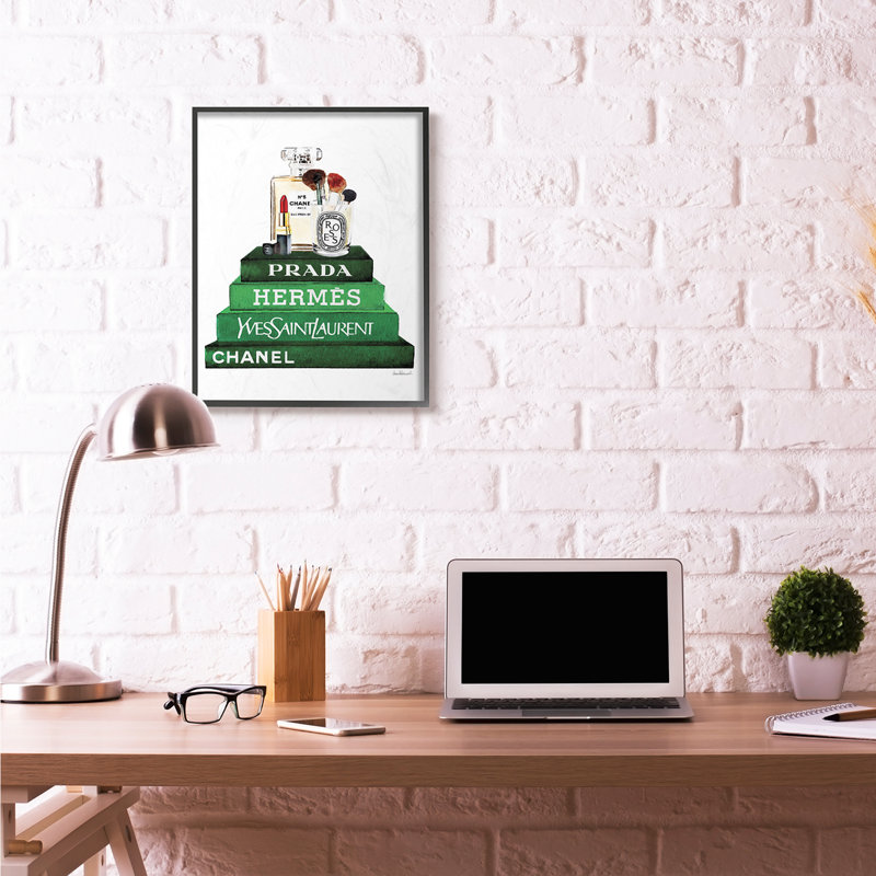 «Fashion Designer Makook Bookstack Green», impression, H 30 po x l 24 po, Giclée encadrée noir minuit