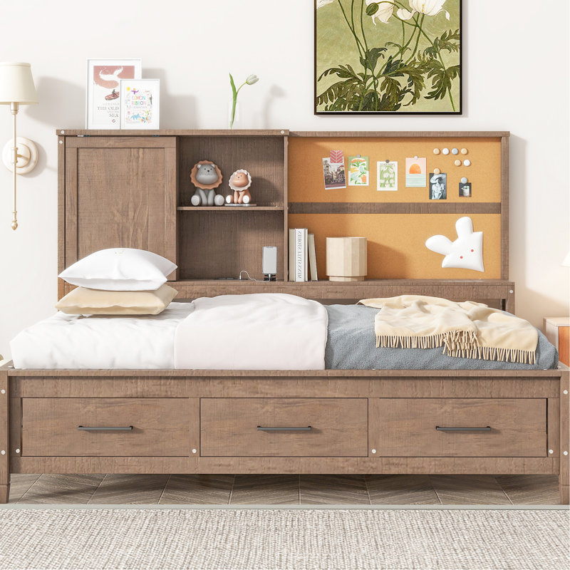 Antique Wood Colored Twin Size Daybed With Shelves, Cork Board, Ports & 3 Drawers - Solid For Bedroom Use 2 In Construction