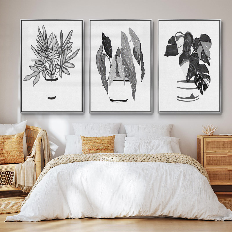 Indigo Leaf Study I 3 pièces, Encadrement argenté, H 27 po x l 54 po