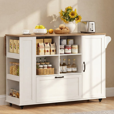 47.2" Kitchen Island with Drop Leaf and Power Outlet, Farmhouse Rolling Kitchen cart on Wheels with  Storage Drawers, Cabinet, Open Shelves,Rustic White
