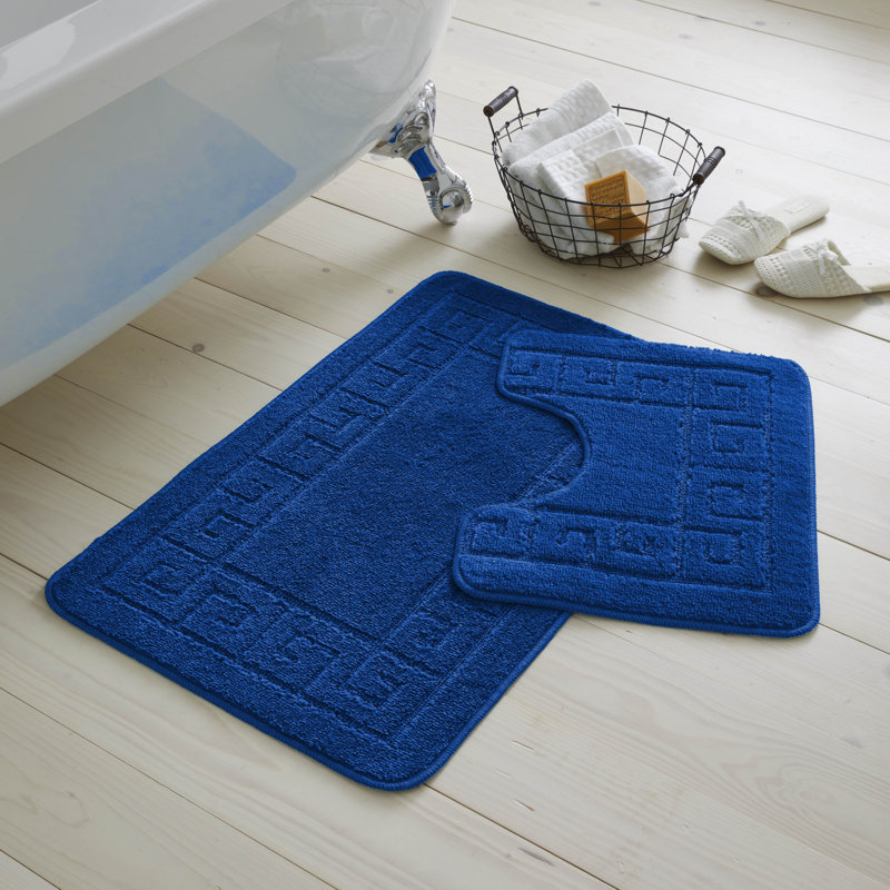 2 Piece Bathroom Rug Set Greek Key Pattern Bath Mat & Pedestal Mat Non Slip Rubber Back Soft Absorbent Mats, Royal Blue