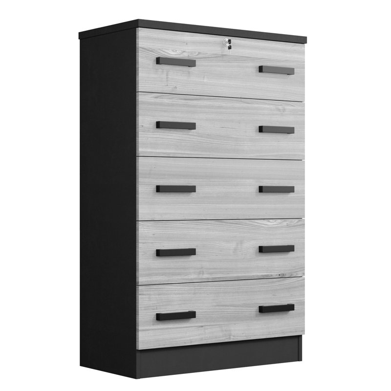 Commode 5 tiroirs en bois avec serrure Basurto, Noir, noir, noir, noir