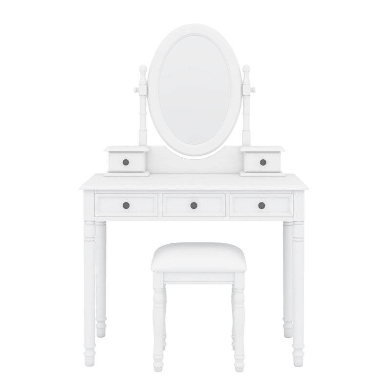 Ensemble de coiffeuse avec miroir à angle réglable, ensemble de coiffeuse et tabouret rembourré avec 5 tiroirs, Blanc
